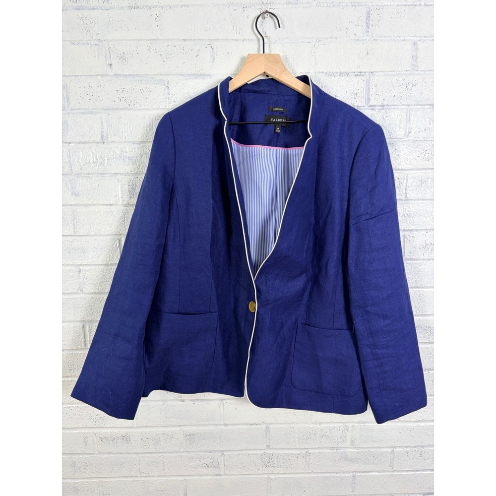 Talbots Aberdeen Blazer Womens 18 Blue Linen Contrast Trim Jacket Office Preppy